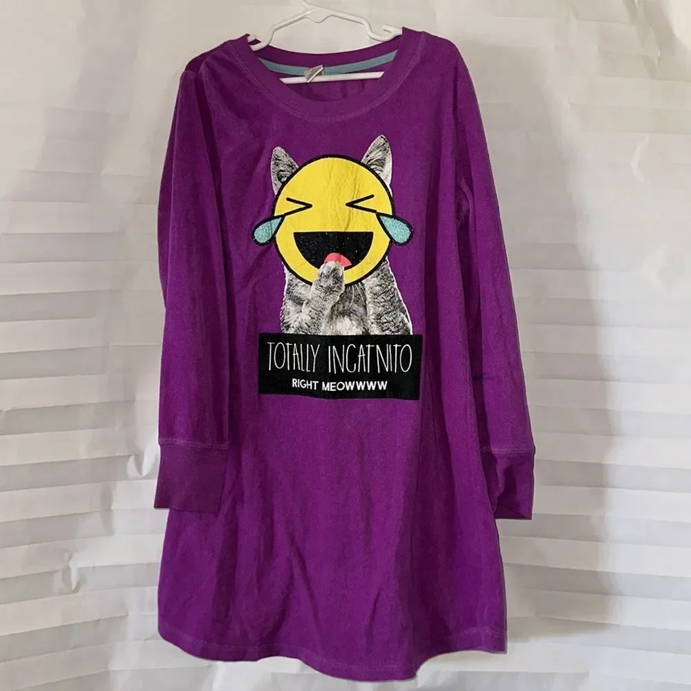 Total Girl Girls Fleece Nightgown Size 10/12 Purple Emoji Print Long Sleeve
